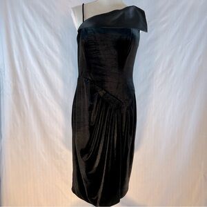 Alex Evening Dress Cocktail Holiday Black Velvet Satin Collar One Shoulder 10